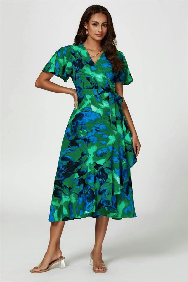 FS Collection Abstract Print Midi Wrap Dress In Green