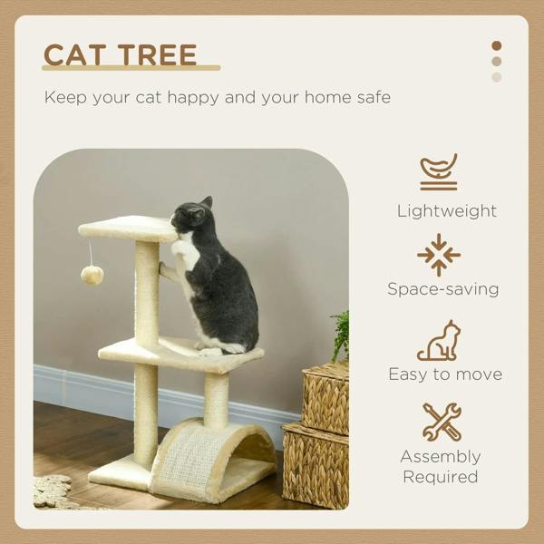 Cream cat tree with platforms and scratching posts, cat perched near hanging ball