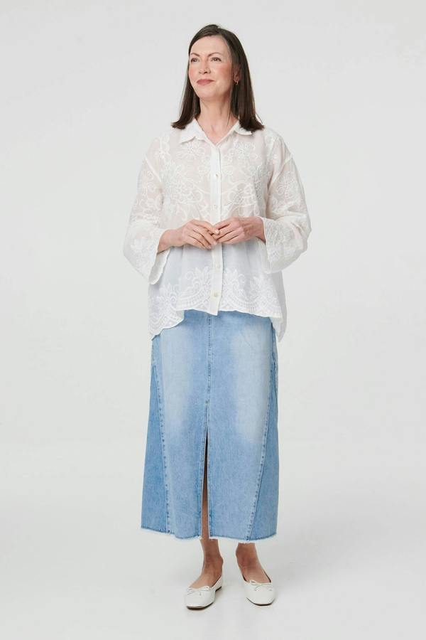 White | Floral Embroidered Long Sleeved Shirt