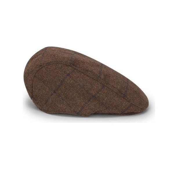 Brown check Hoggs of Fife windowpane waterproof tweed hat for walking the dog