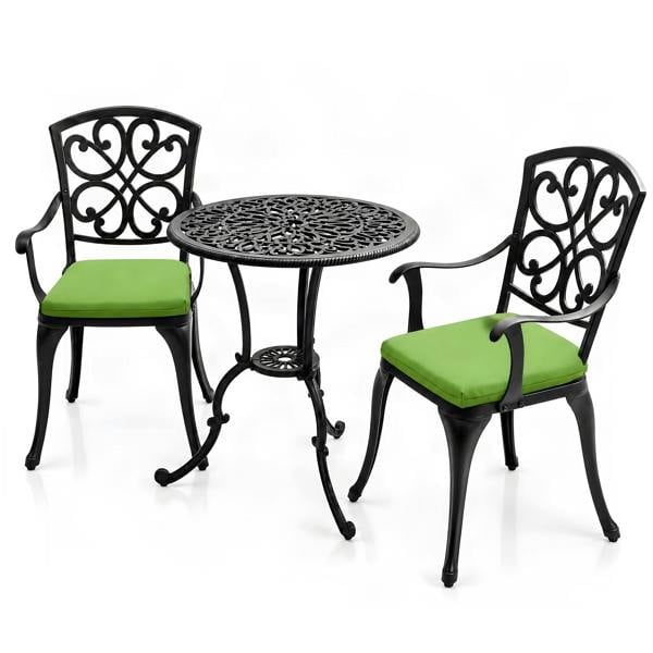 Homeology VIVALDI Black 3-Piece Cast Aluminium Garden Bistro Set - with Green Cushions