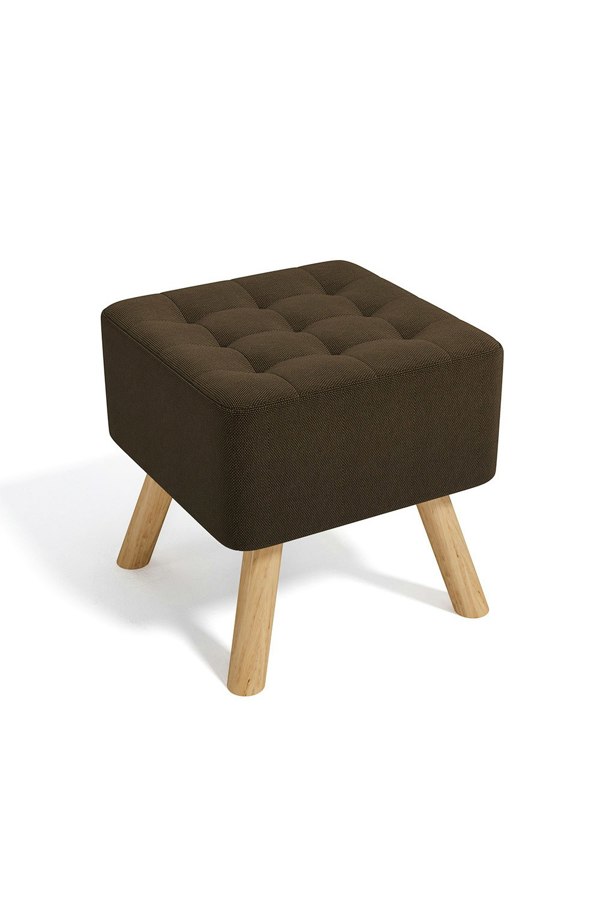 Living and Home Brown Linen Padded Wooden Leg Square Footstool