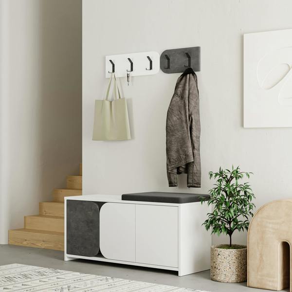 Decortie Modern Moni Shoe Cabinet 3-Door Storage Cabinet with 5-Hook Organiser Set Fabric Seat