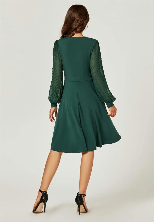 FS Collection Long Chiffon Sleeve Pleated Midi Dress In Dark Green