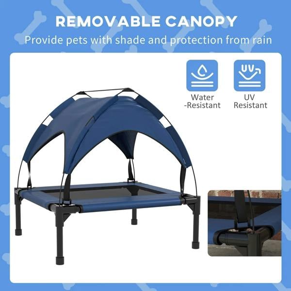 Elevated pet bed with arched canopy on a raised frame, shown on a feature graphic