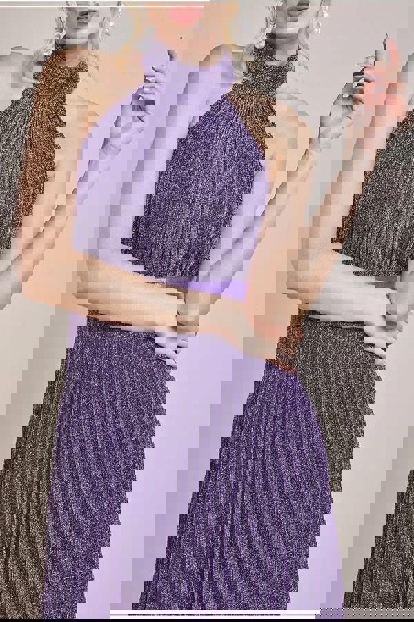 Lurex Halterneck Pleated Maxi Dress - Purple DR3429