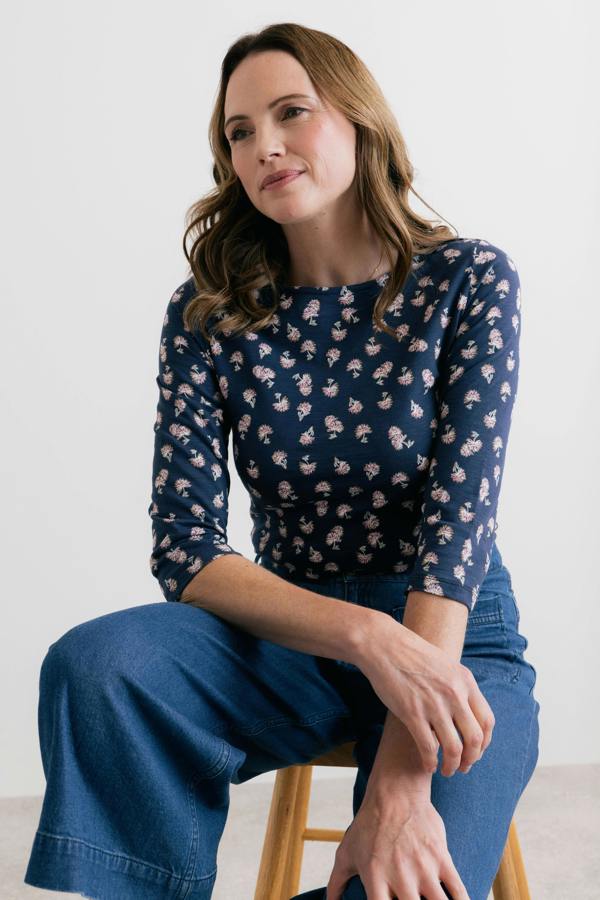 Lily & Me Monica Verbena Print Organic Cotton Jersey Top Navy