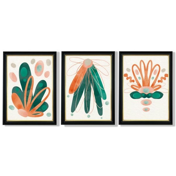 Abstract Green Orange Floral Set of 3 Framed Art Prints with Vermeer Black and Gold Frames