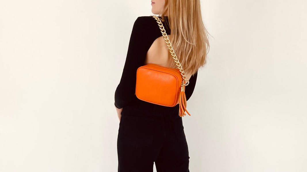 Apatchy London The Tassel Orange Leather Crossbody Bag With Gold Chain Strap