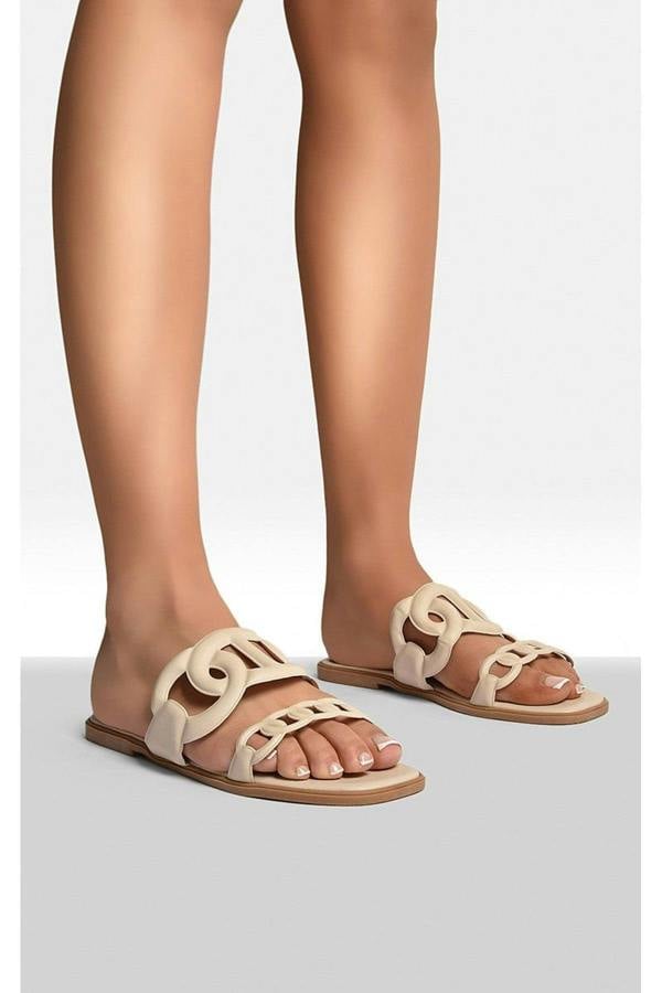 Betty Comfortable Flat Sandals With Double Leather Chain - Cream