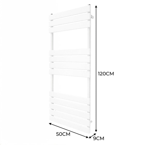 Sleek white flat panel towel radiator measuring 1200mm x 500mm, featuring a modern design with horizontal slats and a smooth finish