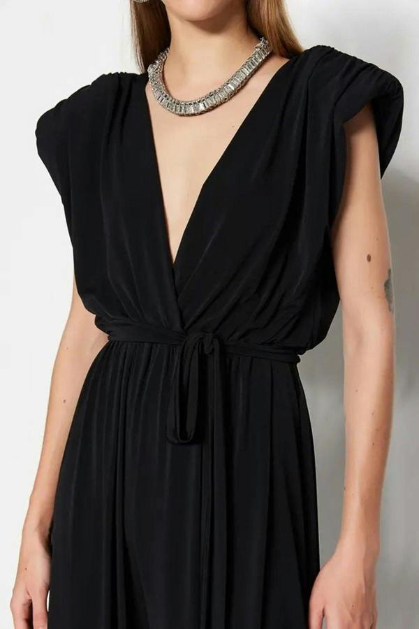 V Neck Belted Knit Jumpsuit