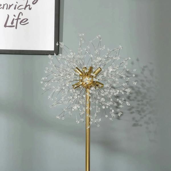 Gold tone dandelion-style crystal floor lamp head with glowing clustered crystal centers