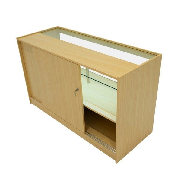 Adonis LED Shop Counter Set in maple finish, featuring a sleek design, sliding glass doors, and illuminated display area for products