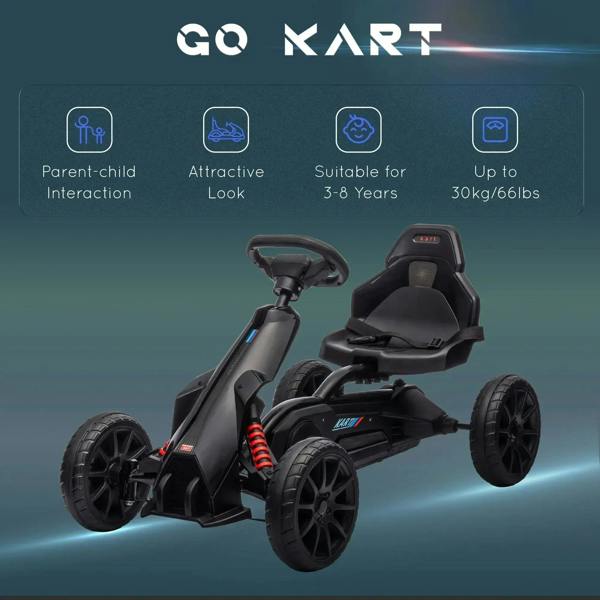 Black kids pedal go kart angled view with steering wheel, adjustable seat, and four EVA-style wheels