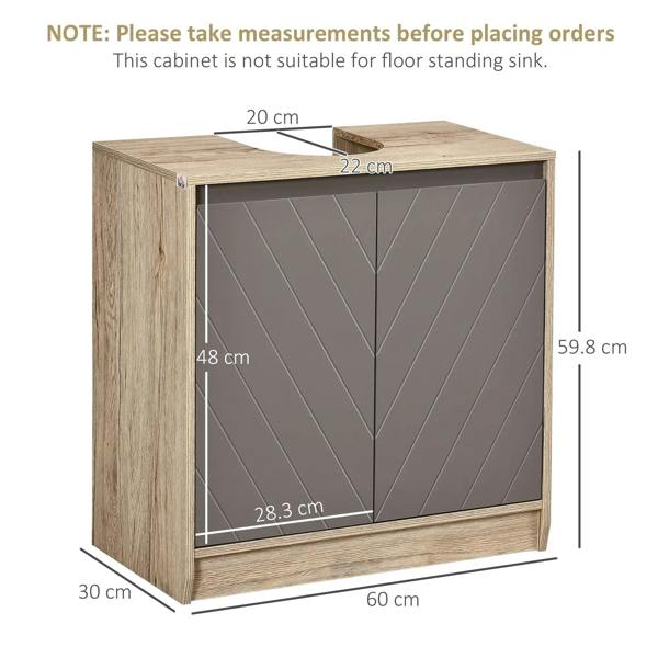 Floor-standing bathroom cabinet with grey doors and oak body, compact storage unit