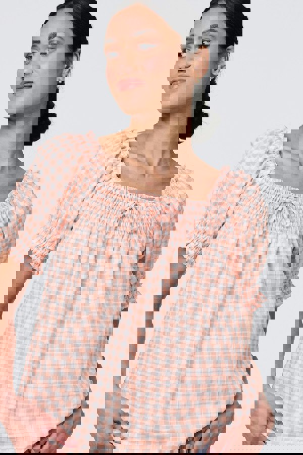 Pink | Gingham Check Puff Sleeve Blouse