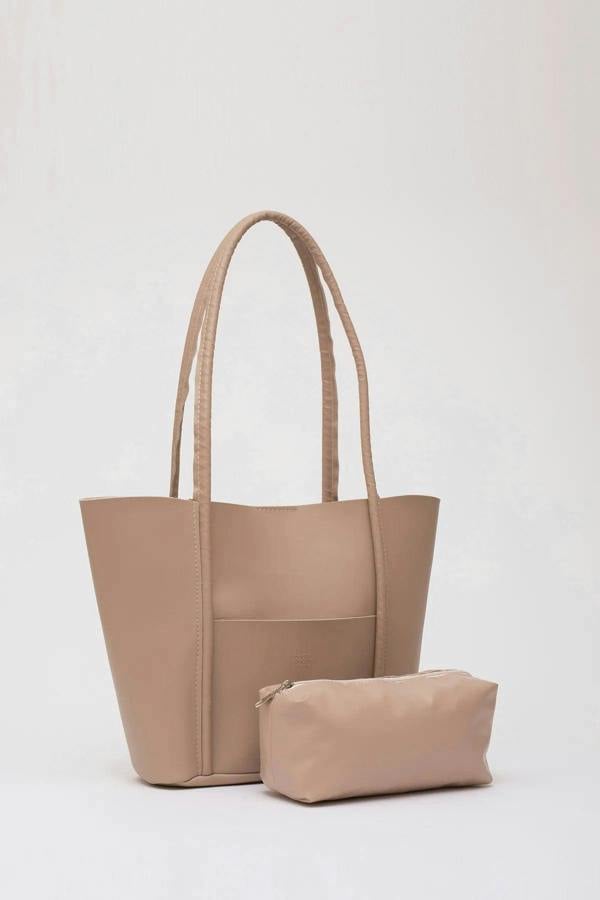 Hoxton Gal Large Faux Leather Tote & Shoulder Bag with Front Pocket, Snap Closure, and Matching Makeup Pouch