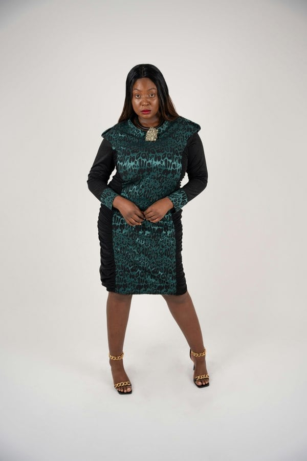 Women's Plus Size Black Forest Green Bodycon Midi Leopard  Jacquard Dress styled with Pyrite Jewellery by Veronique Design and gold chain heels for an elegant, polished look.