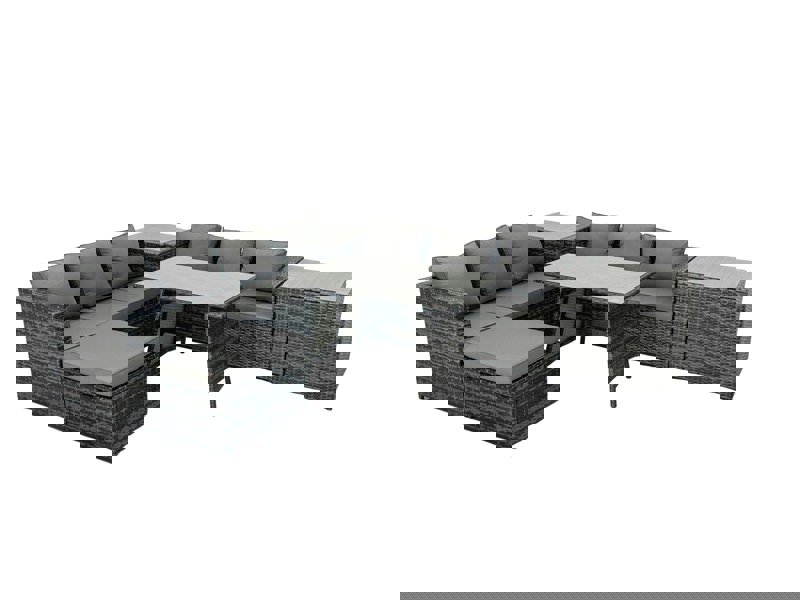 Fimous Rattan Dining Table Sofa Set with 2 Side Tables Big Footstool Outdoor Garden Furniture Set Dark Grey Mixed