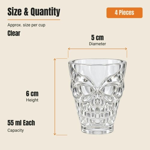 Shatchi Clear Halloween Skull Shot Glasses 4 Pack, 55ml Plastic Party Drinkware