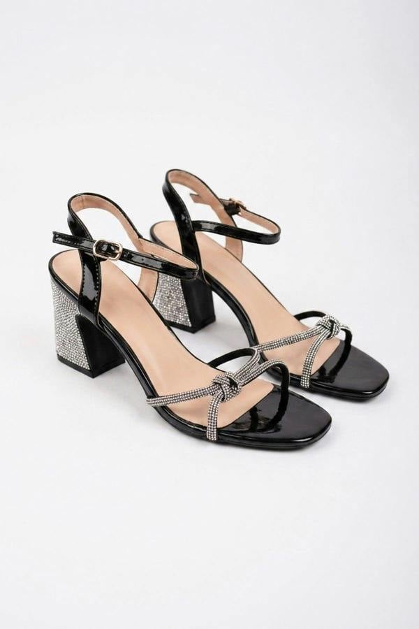 Edie Rhinestone Block Heel Knotted Sandals - Black