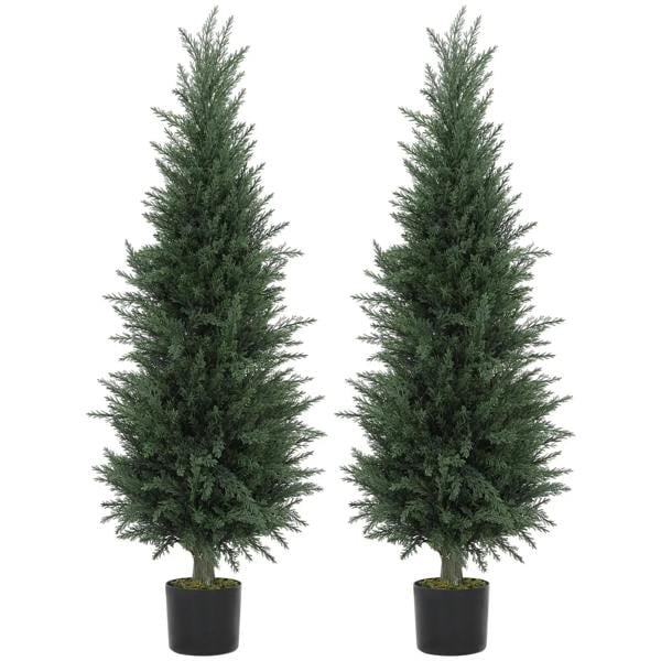 Set of two artificial green cypress trees in black pots with dense needle foliage