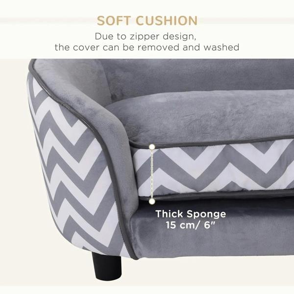 Grey pet sofa corner close-up showing removable zippered cushion