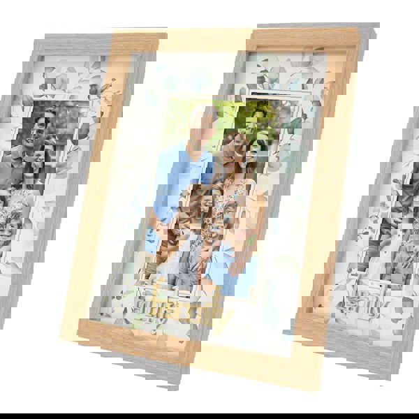 Modern Oak MDF Gold Family Picture Frame with Green Floral Decoration Image 1