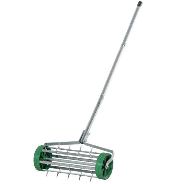 Green lawn aerator roller with steel spike drum and long adjustable handle