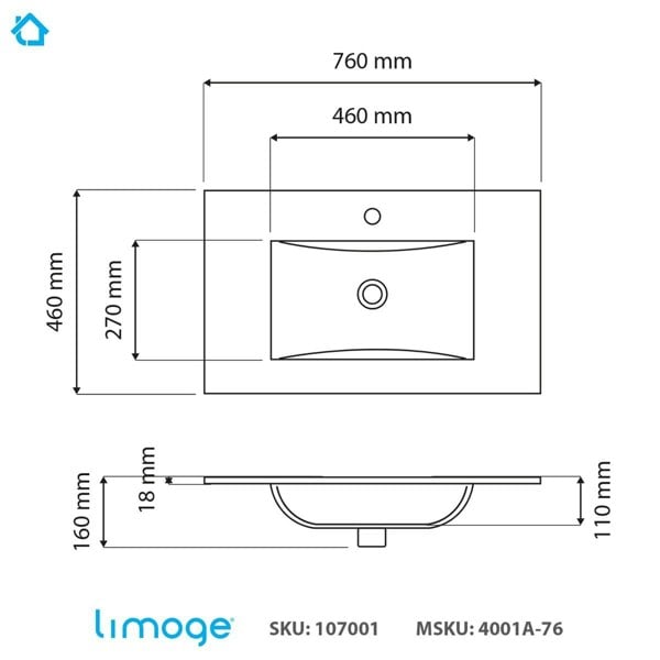 Limoge 4001A Ceramic 76cm Thin-Edge Inset Basin with Scooped Bowl