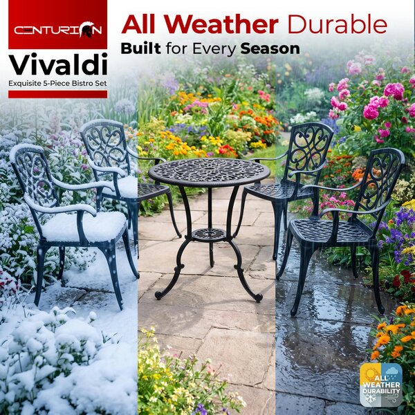 Centurion Supports VIVALDI Black 5-Piece Cast Aluminium Garden Bistro Set - with Green Cushions