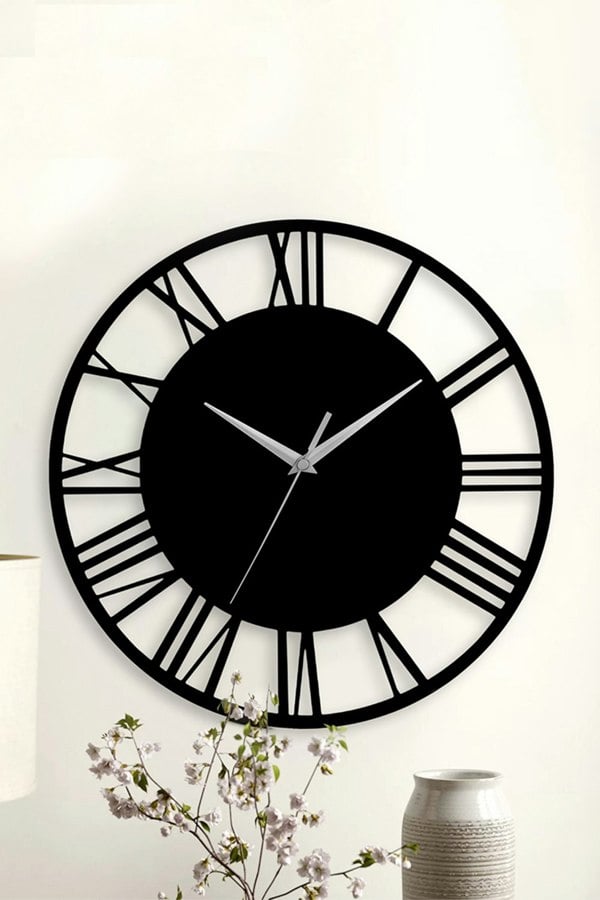 Living and Home 30 cm Dia Black Round Wooden Roman Numeral Wall Clock with Silver Needle