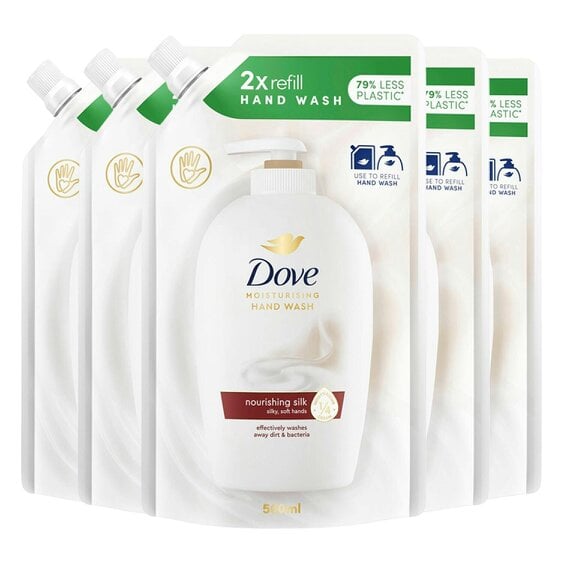 Dove Moisturising Hand Wash Silky Soft Eco-Refill 500ml, Nourishing Silk 5 Pack
