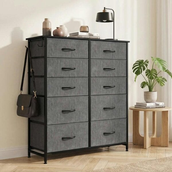 Chest of Drawers, Dresser with 10 Fabric Drawers, Tall Storage Unit with 4 Pockets and 2 Hooks Steel Frame, Grey