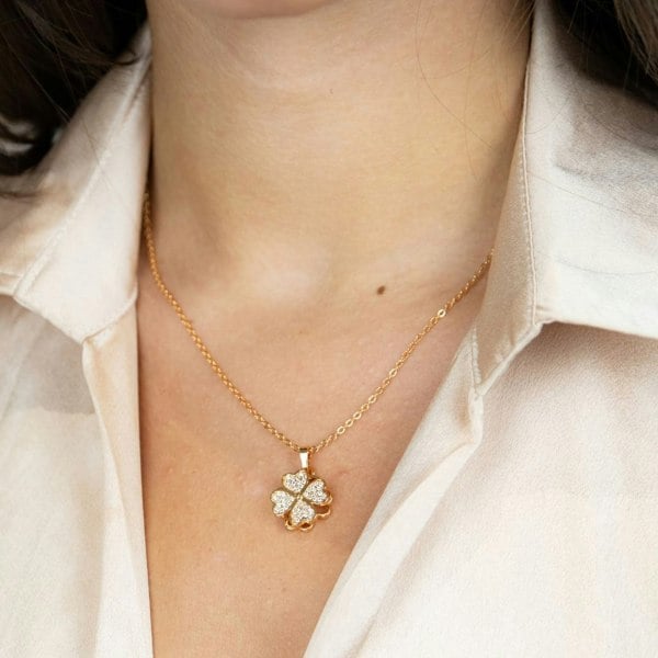 The Colourful Aura Gold Large Clover Shamrock Rotating Spinner Pendant Necklace