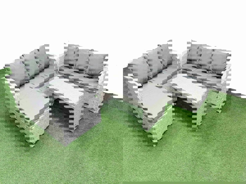 Fimous 7-Seater High Back Rattan Garden Sofa Set - Light Grey Wicker Outdoor Furniture with Oblong Coffee Table & Big Footstool