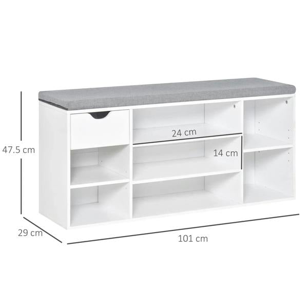 White shoe storage bench with grey cushion, 101 x 29 x 47.5 cm dimensions