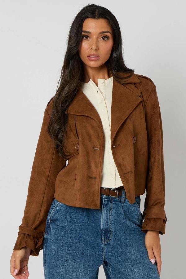 Urban Bliss Brown Cropped Faux Suede Trench