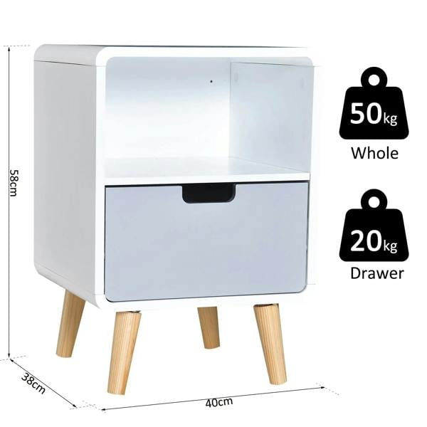 White bedside cabinet with open shelf and drawer, light wood legs