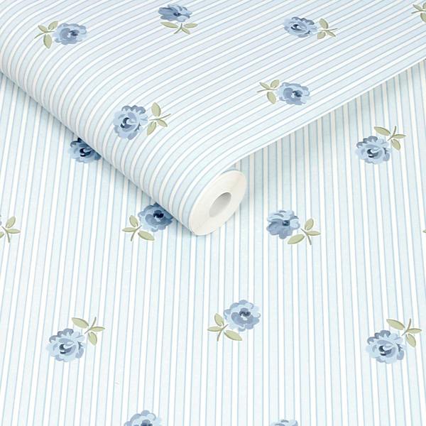 Cath Kidston Rose Spaced Stripe Blue Wallpaper
