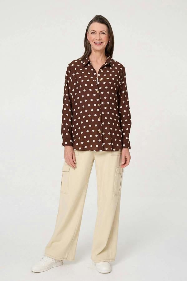 Brown | Polka Dot Print Long Sleeve Shirt : Model is 5'8"/172 cm and wears UK10/EU38/US6/AUS10