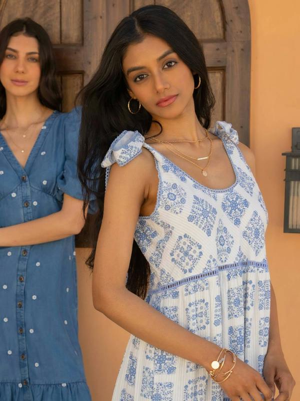 Rose & Nancy Maisy Blue White Printed Lace Trim Maxi Sun Dress&nbsp;