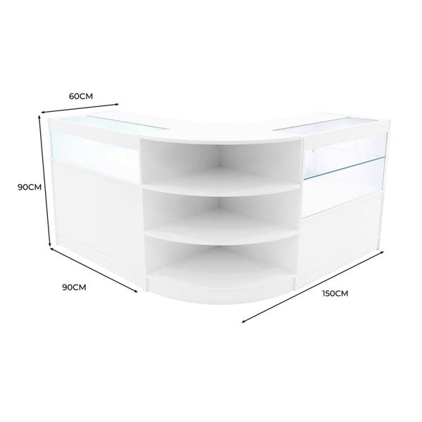 Curved white LED shop counter set featuring glass display sections, shelves, and sleek modern design, ideal for retail spaces