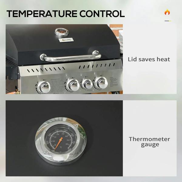 Black gas grill control panel with thermometer gauge and temperature control knobs