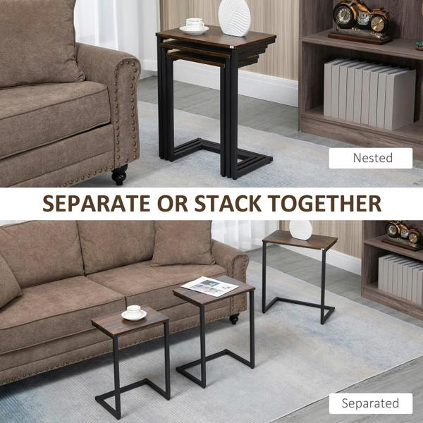 Nestable side tables set with dark brown tabletops and black steel frames