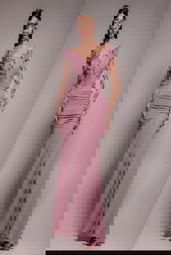 Off The Shoulder Frill Gathered Maxi Dress - Rose Pink DR4204
