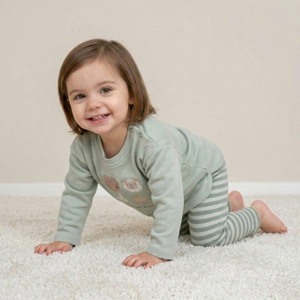 Mini Cuddles Baby Unisex Farm Animal Applique Top & Striped Joggers Set, Sage Green and Cream