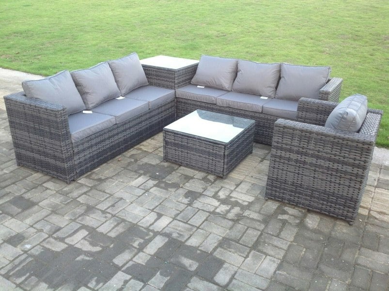 Fimous Dark Mixed Grey Outdoor Rattan Garden Furniture Set Corner Sofa 2 Tables With 1 Chair