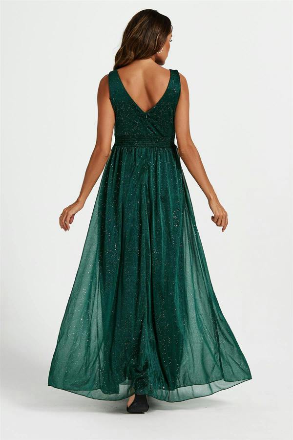 FS Collection Sparkly V Neck Bridesmaid Maxi Dress In Green